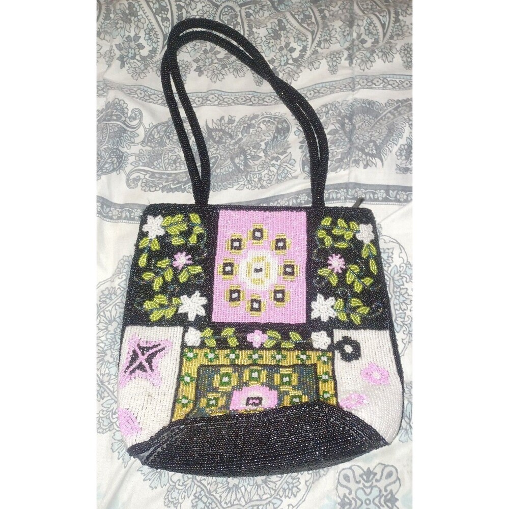 Womens Beaded Floral Design Small Tote Handbag Purse
